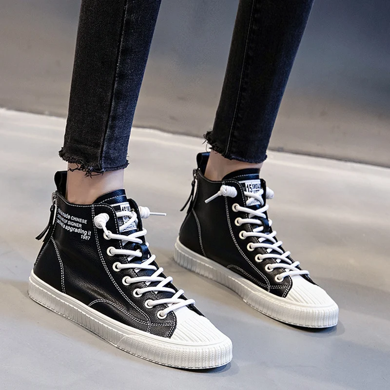 Latest White And Black Lady Genuine Cow Leather Casual Shoes Fashionable Ankle Flat Boots For Women