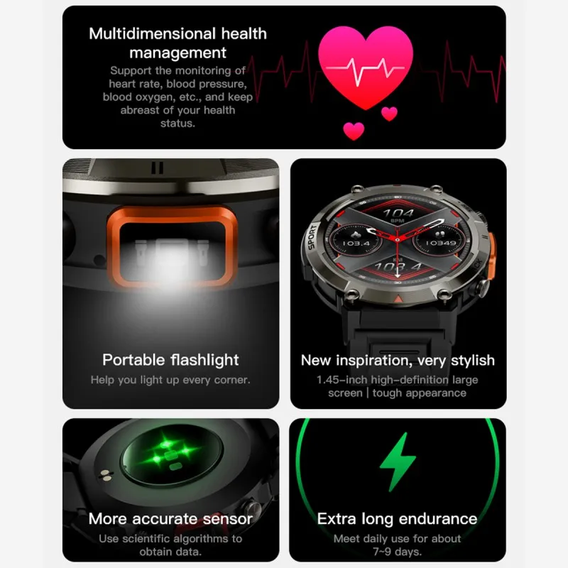 S100 smart watches stylish flashlight 1.45 Inch TFT Display 100+Sport Mode 270mA  IP68 Waterproof outdoor sports Watch for men