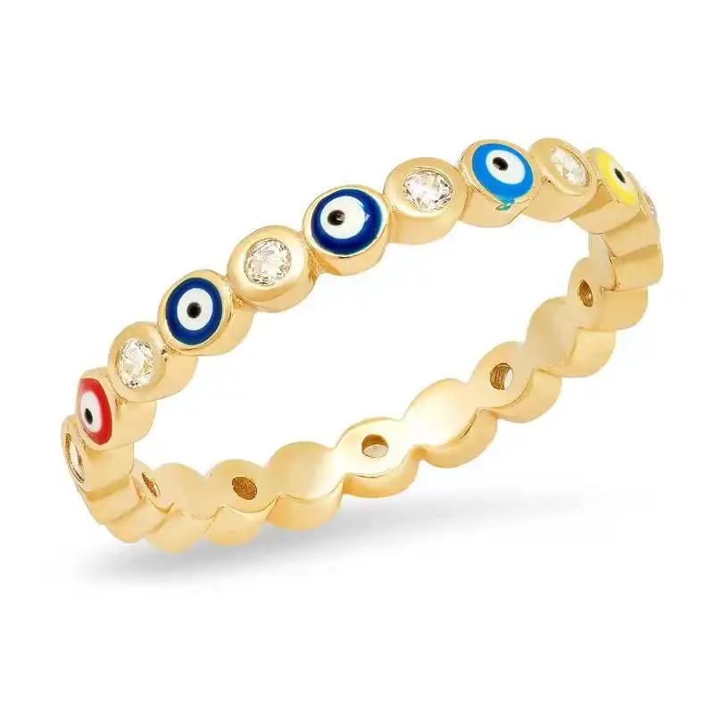 2022  European Fashion Bridal Jewelry Gold Plating Evil Eyes Rings Crystal Blue Oil Drip Eye Ring For Girl