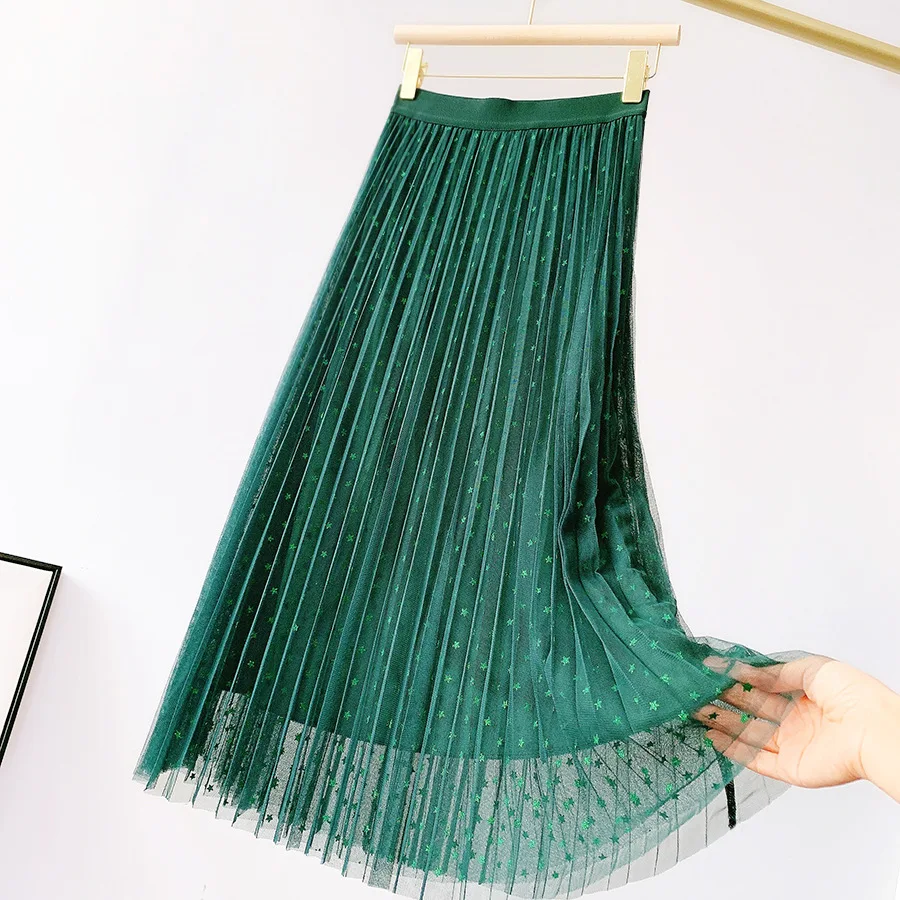 Fashion High Quality Women Green Star Print Summer Chiffon Pleated Skirt