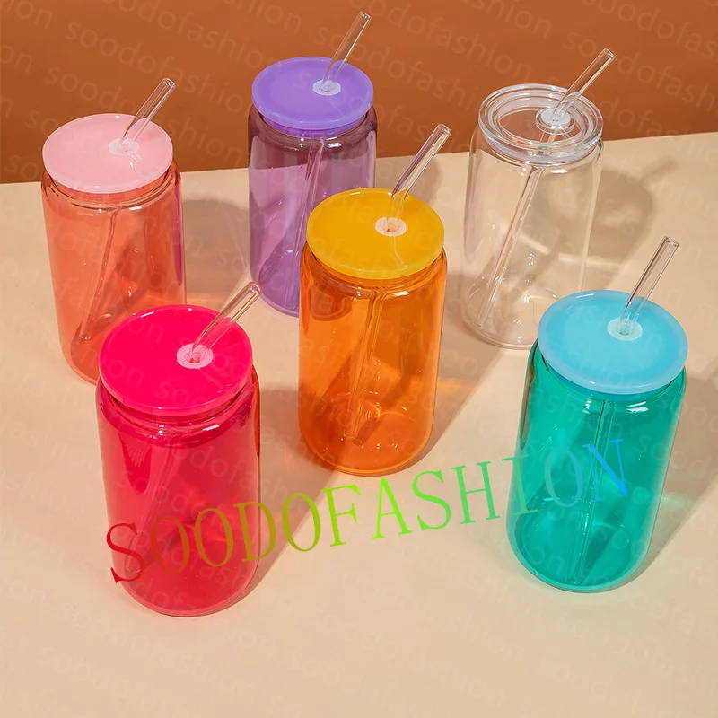Hot sale Us warehouse 16 oz Beer straight glass can sublimation flask water bottles tumblers with plastic lid and straw