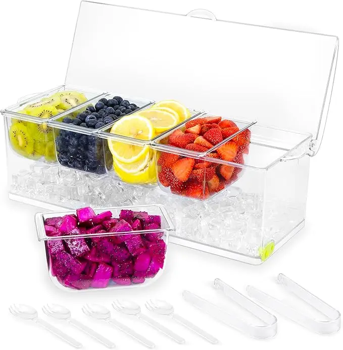 Plastic PS Ice 5 Condiment Container Bottom Ice Tray Condiment Server on Ice Custom 5 Compartment Bar Tool Plastic Fruit Holder