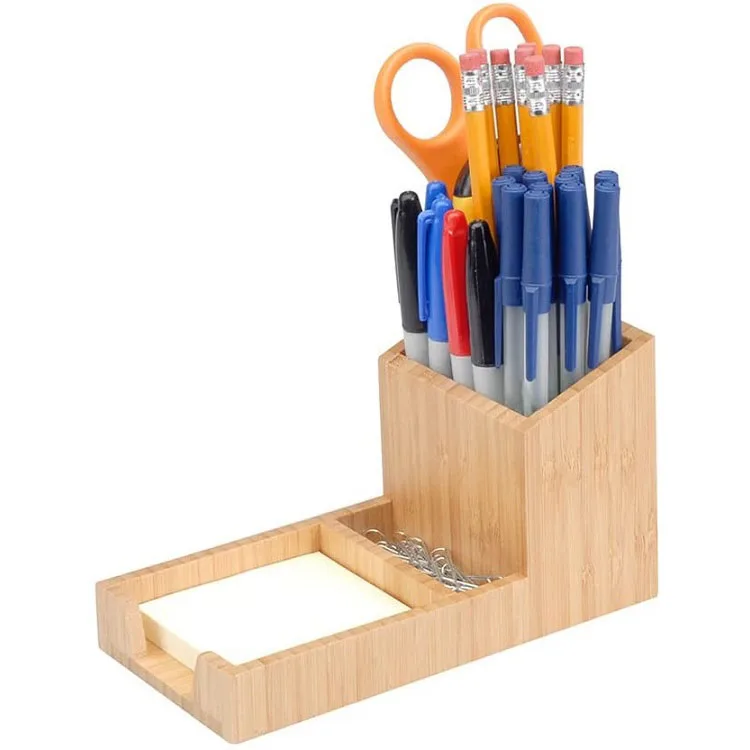 Bamboo Desk Organizer Pencil Stand Pen Holder With Tray For Small Stationery Items Desktop Storage Rack For Paperclip Card