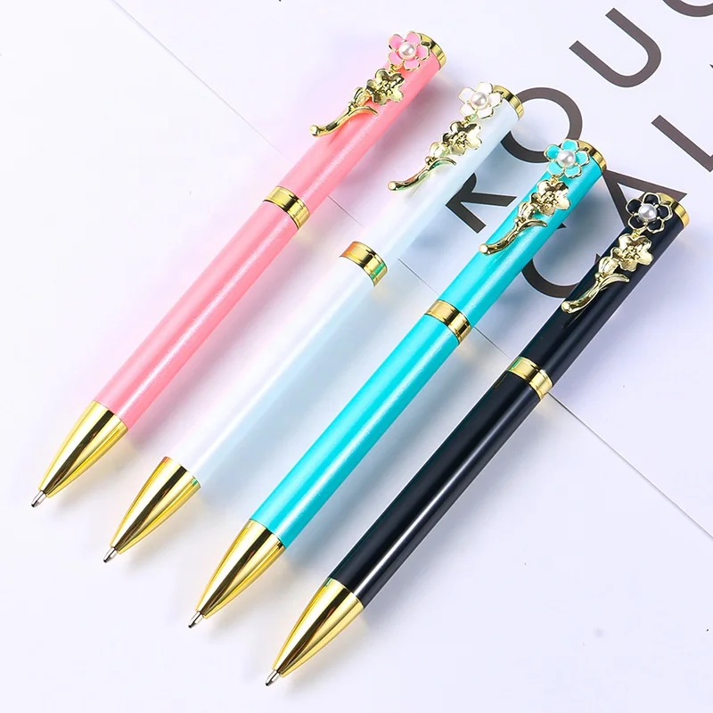 Beautiful Luxury logo Ball Pen Cute Metal flower rose pen for women gift