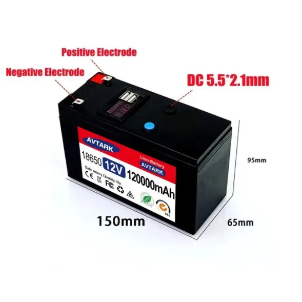 Portable 12V 120AH Rechargeable 18650 Battery Charger Digital Display USB Socket BMS Protection Board Solar 3C Home Appliances