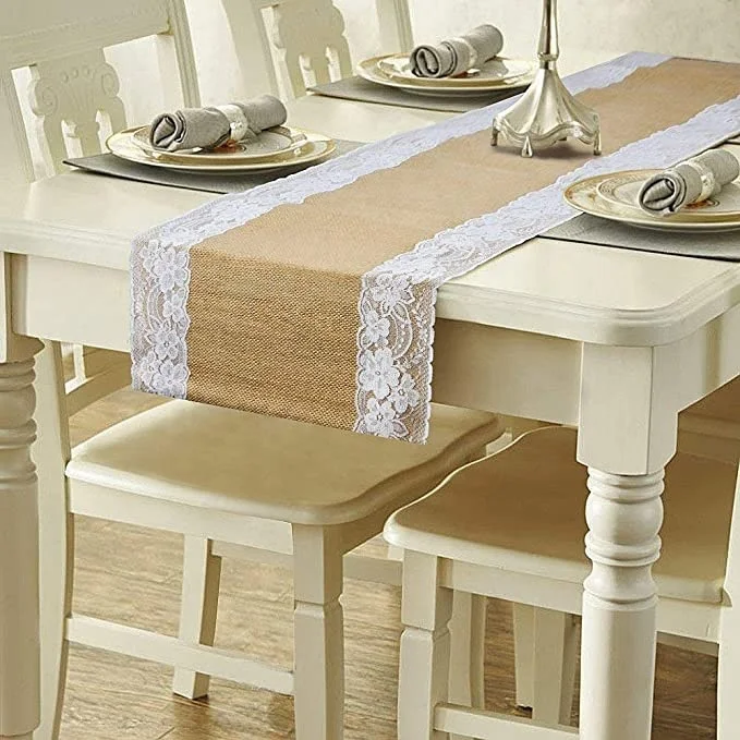 
Wholesale durable high quality natural jute table runner with lace trim 