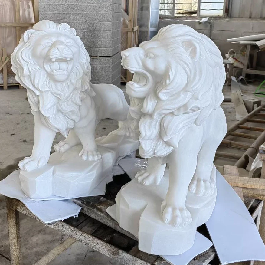Factory Wholesale Custom life size White marble lion statue stone carving and sculpture