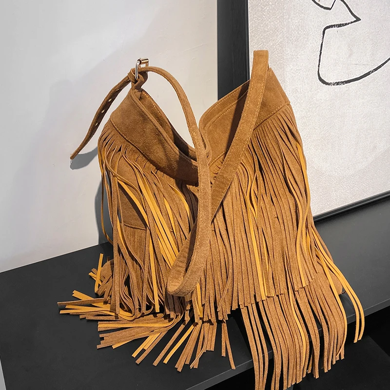 Women Vegan Suede Fringe Tassel Shoulder Purses Messenger Bag Hippie Cross Body Leisure Hobo Tote Bag