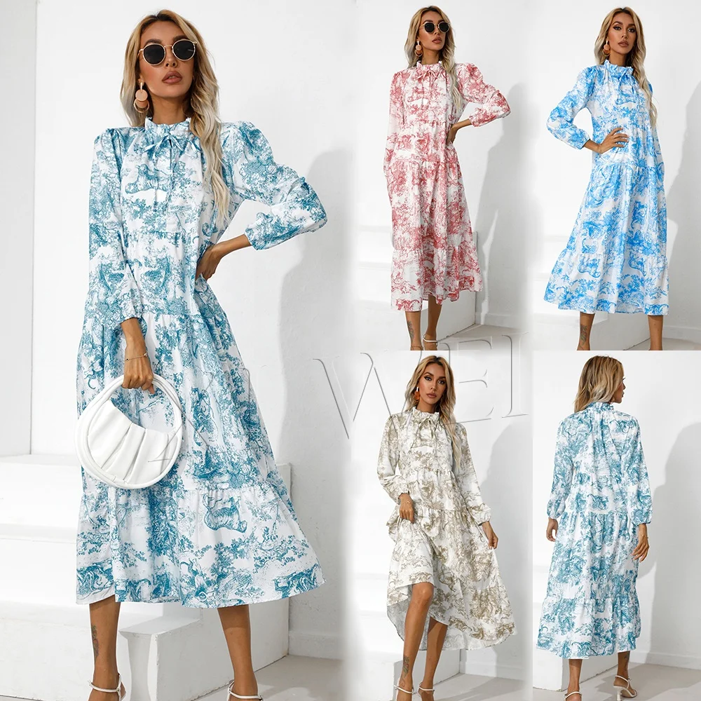 Женское повседневное платье в стиле бохо, Длинное свободное платье с круглым вырезом и принтом животных, осень 2022