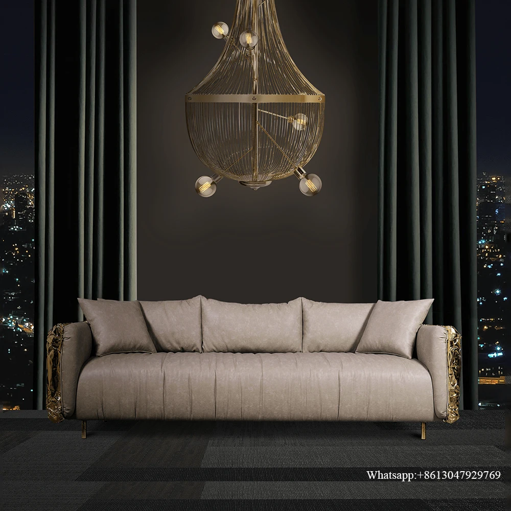 Boca Modern Style villa Light Luxury Leather Living Room Sofas Sectionals Couch Lounge Custom gold brass Sofa Set Furniture