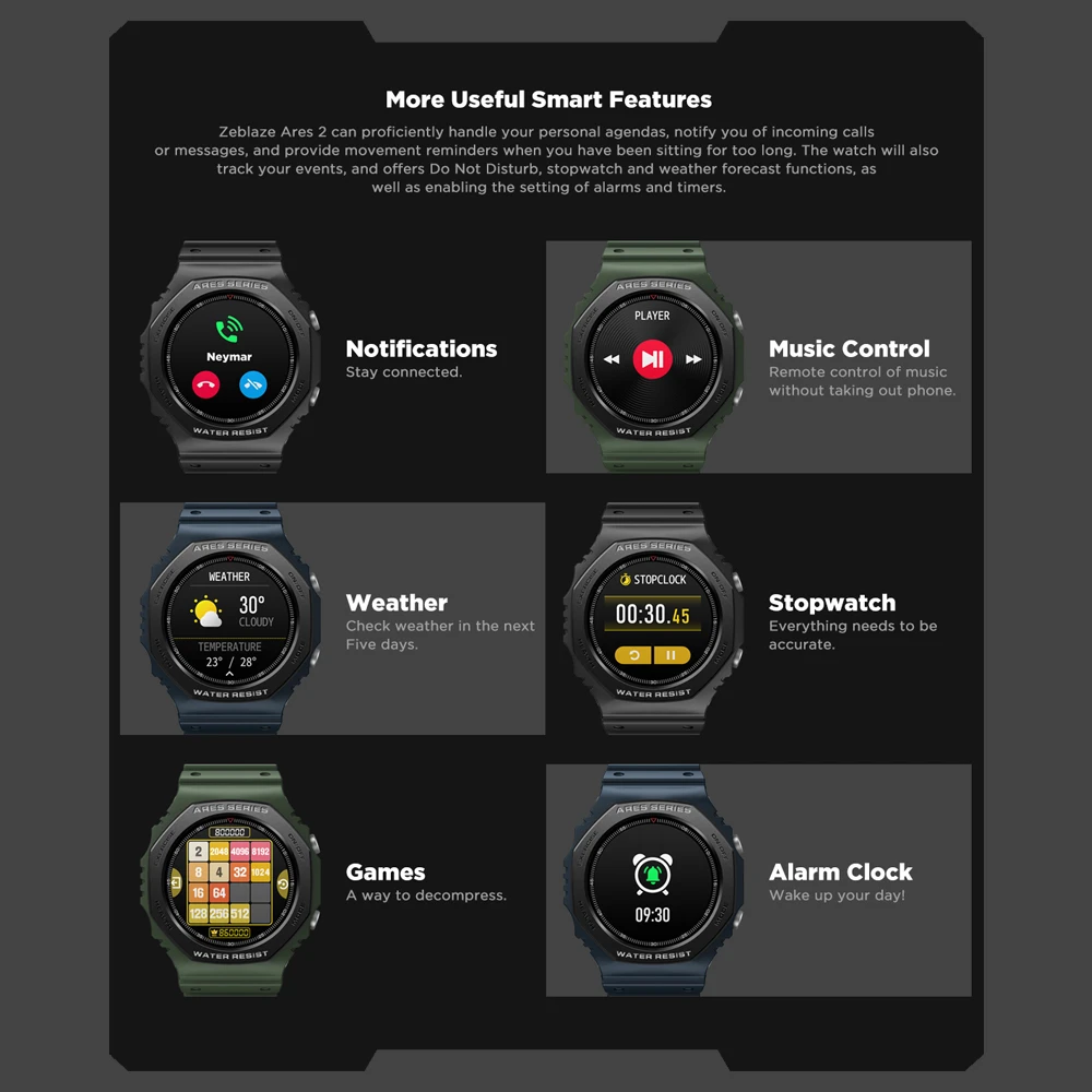 New Zeblaze Ares 2 Rugged Fashion Smartwatch 50M Waterproof Long Battery Life HD Color Display Smart Watch For Android iOS Phone