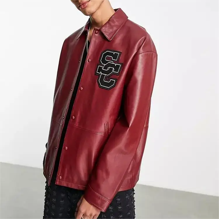 OEM custom logo button terry embroidery red PU leather waterproof fashion winter warm coat