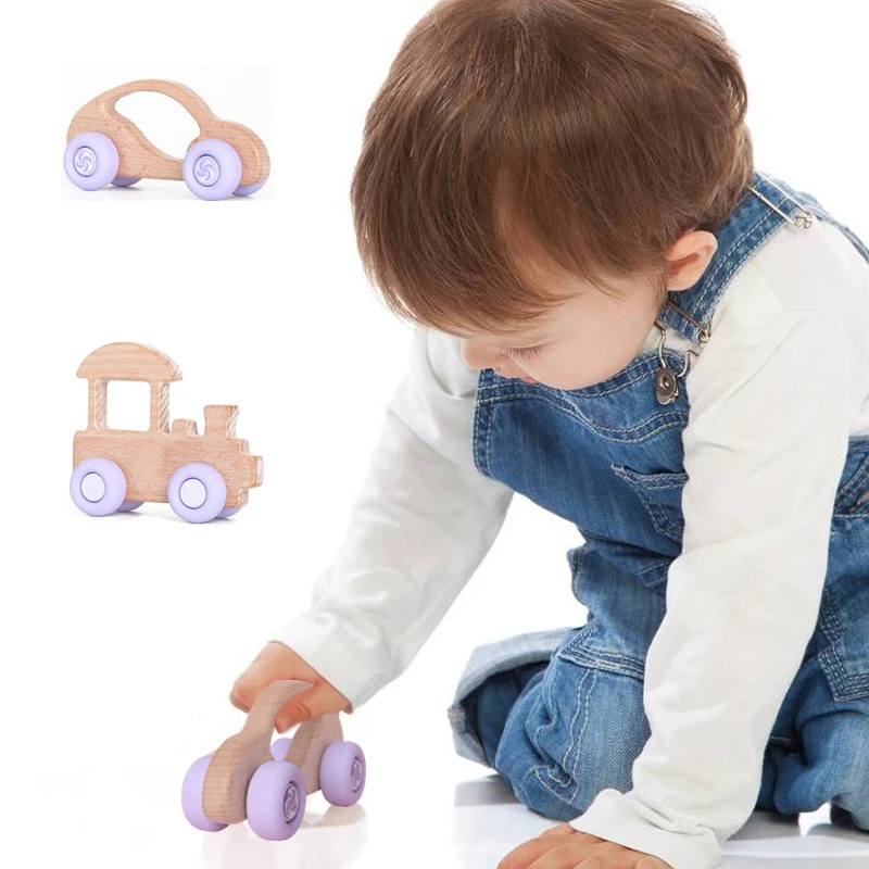 Custom Wholesale Silicone Teether Wood Car Shape Bpa Free Luxury Wood Baby Teether With Silicone Wheels For Infants