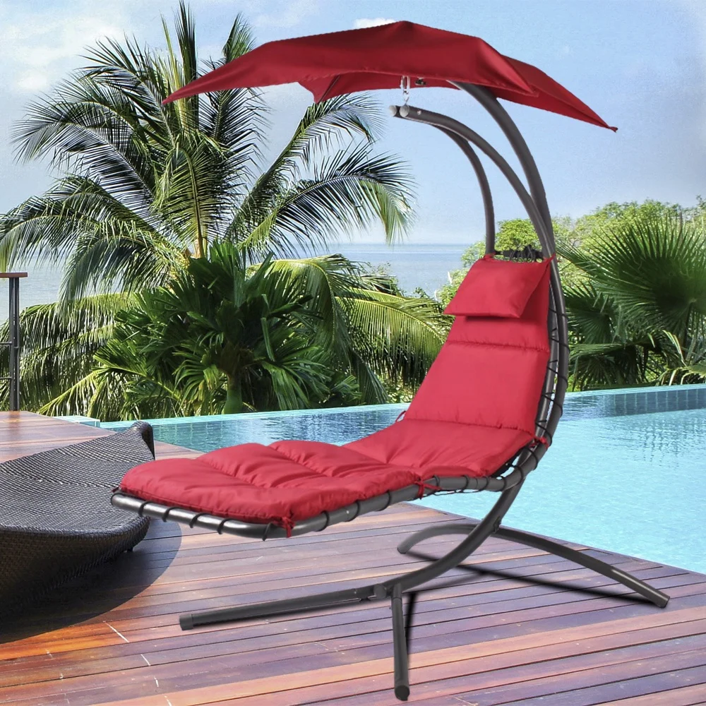 Red Canopy Porch Swing Deluxe Patio Garden Lounger Swing Hanging Garden Chair Helicopter Swing Chair