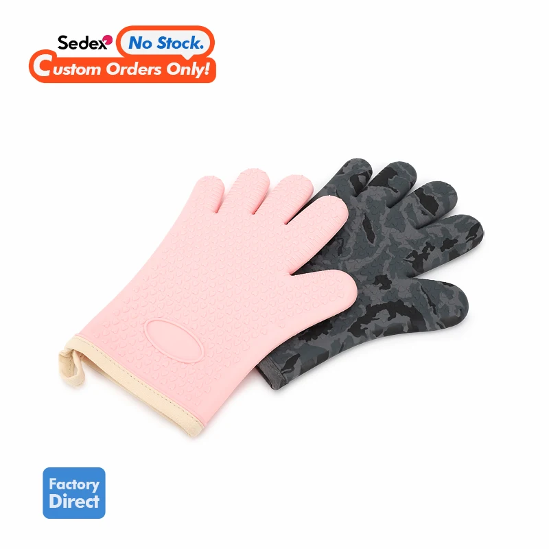 Customizable Wholesale Silicone Gloves Heat Resistant Double Oven Mitts for Kitchen Cooking BBQ Baking