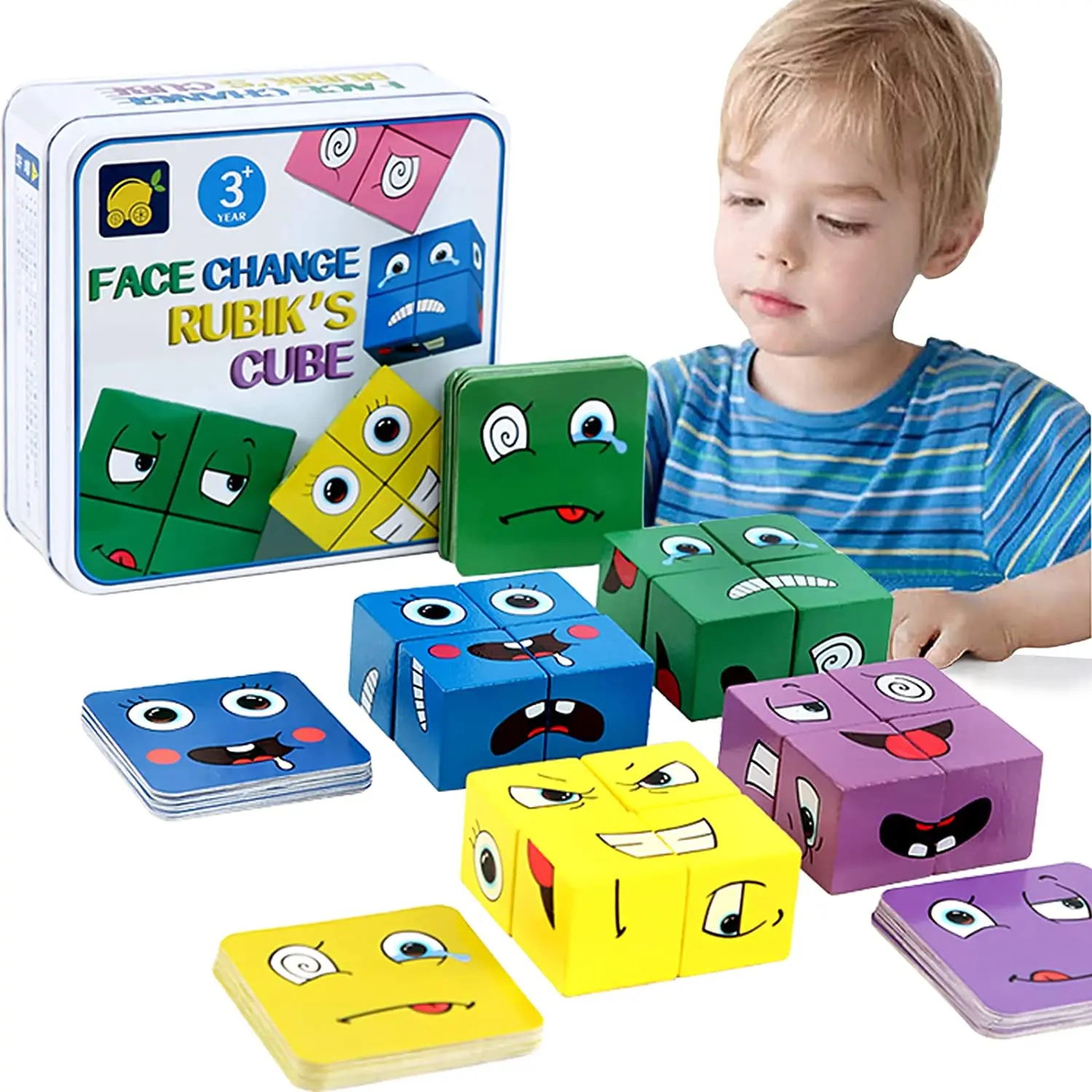 Wooden Expressions Matching Block Puzzles Building Cubes Portable Face-Changing Cubes Puzzle Games Toys for Kids