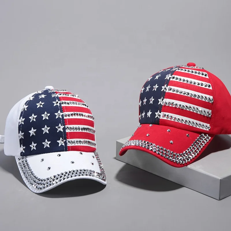 New Design Rhinestone America Flag Hat Casual Diamond USA Baseball Hat
