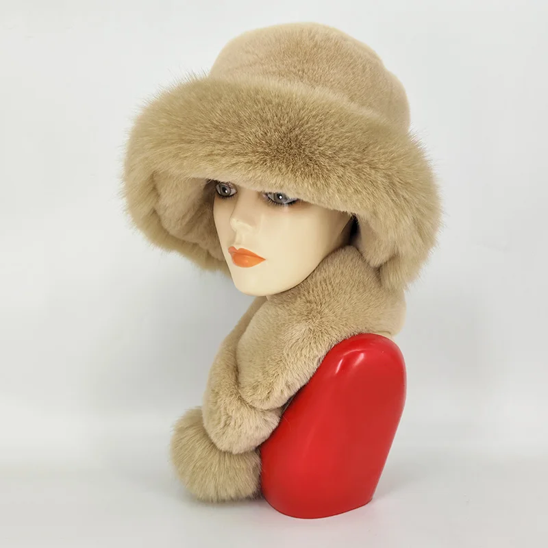 New Style Faux Fur Hat And Scarf Suit Adult Women Winter Warm Fake Rex Rabbit Fur Hat Fox Fur Ball Scarf Two-Piece Set