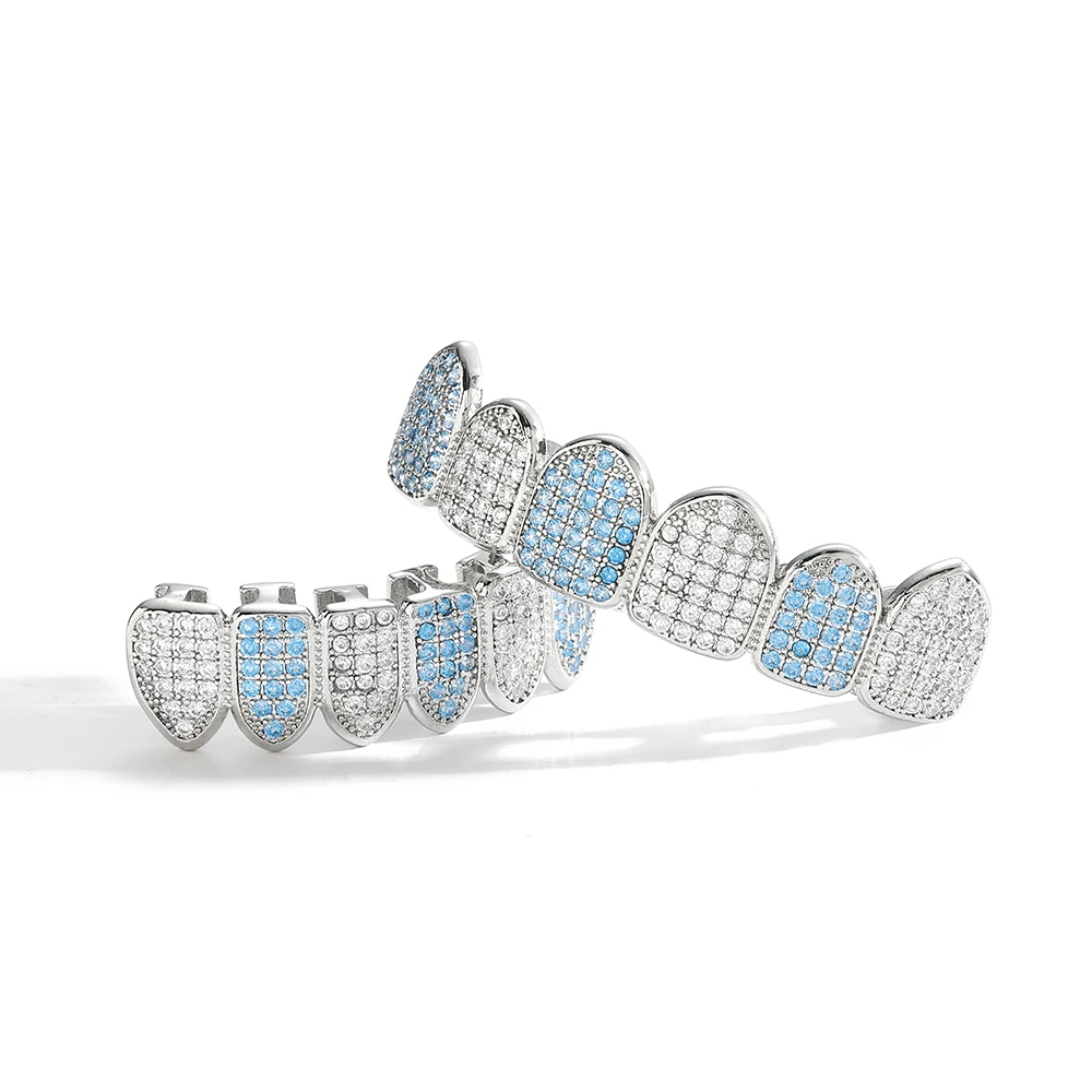 G034 Bling Top 6 Botom Tooth Grilz синий и прозрачный камень CZ для мужчин женщин