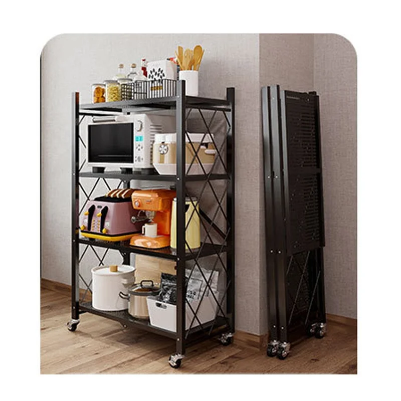 HSL001  Foldable Kitchen Vertical Shelving Rack Metal Storage Rack with Wheels 5 Tiers Mobile Iron Household Racks