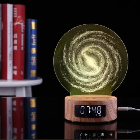  Деревянная отделка ABS с часами времени RGB 7 видов цветов Изменение 3D ночник музыкальная акустическая