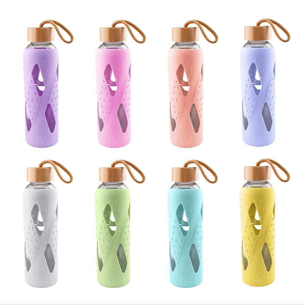 
BPA Free Bamboo Lid Protective Silicone Reusable Glass Water Bottle with Silicone Sleeve 
