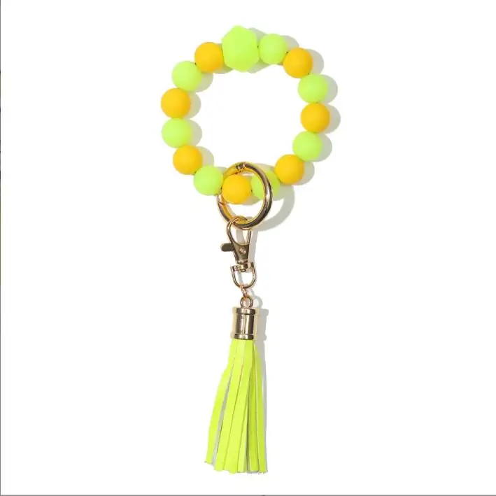 Wristband Keychain Wristlet Bangles Holder Pendant Fluorescent Tassel Key Chain Wrist Keyring Silicone Bead Bracelet