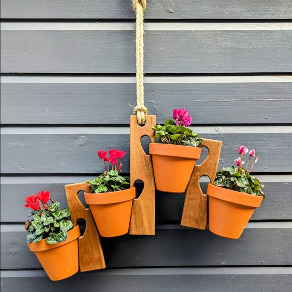 Housewarming Gifts outdoor indoor wooden Vertical Hanging Terracotta Pot Holder Clay Pot Hanger