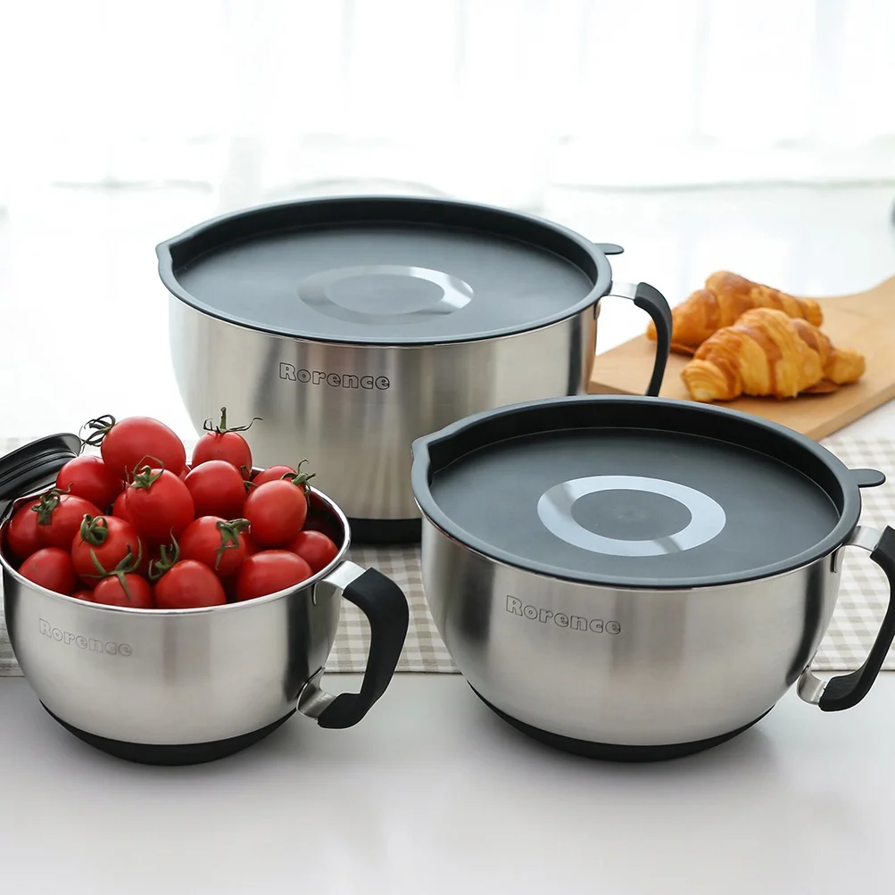 IN STOCK Rorence Kitchen Baking Non-Slip Mixing Bowl Food Container Stainless Steel Salad Mixing Bowls Set With Lids and Handle