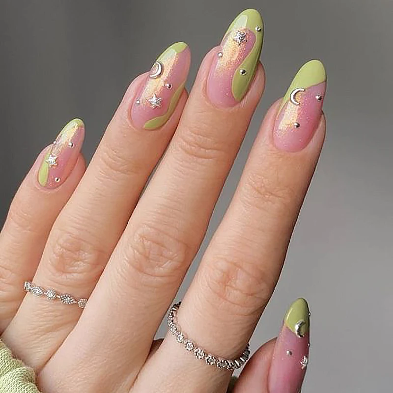 Metallic rose gold fashion almond mix color acrylic press on nails packaging vendor pressure glue full cover reusable fake nails