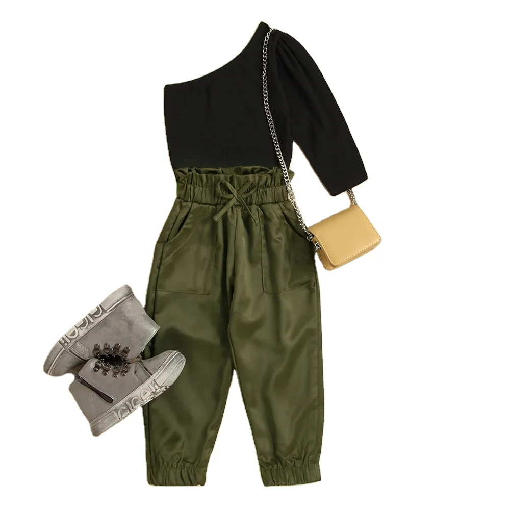 RTS New arrival Sweatsuit off-the-shoulder single sleeve knit top Kids Clothing fashion Sets woven micro elastic tracksuit pants