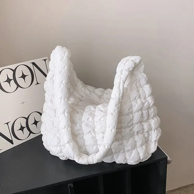 New pleated solid color large capacity down cotton fashion versatile street shoulder handheld cloud bags for women