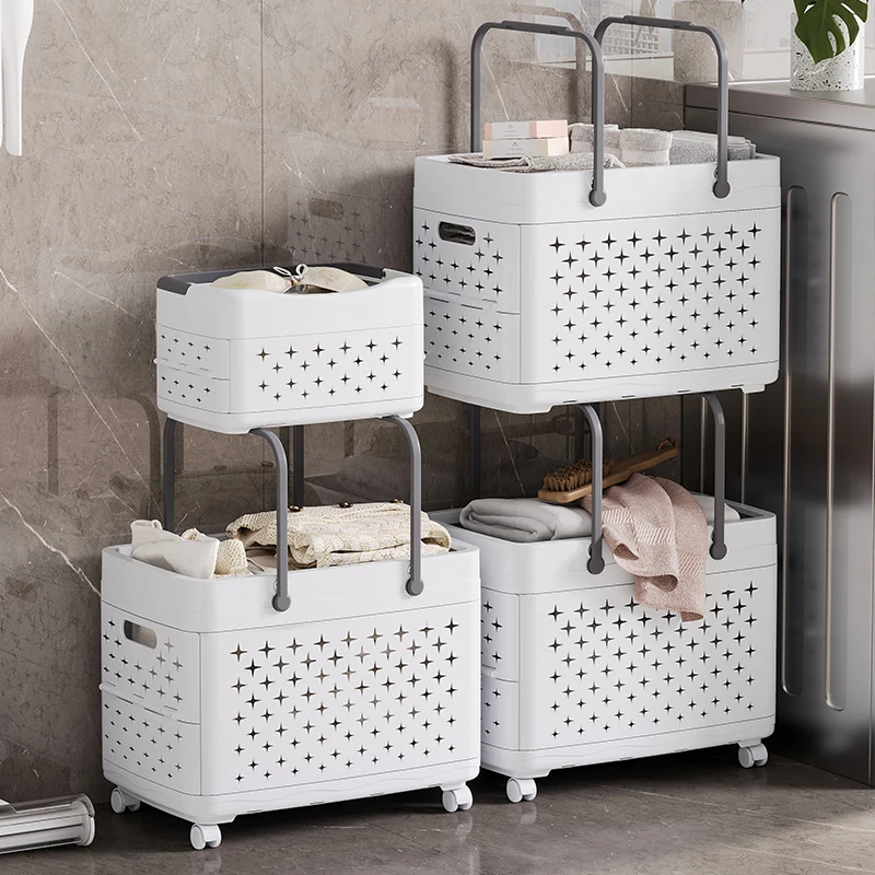 New multifunctional bathroom organizer storage trolley folding laundry basket foldable plastic storage basket with wheels