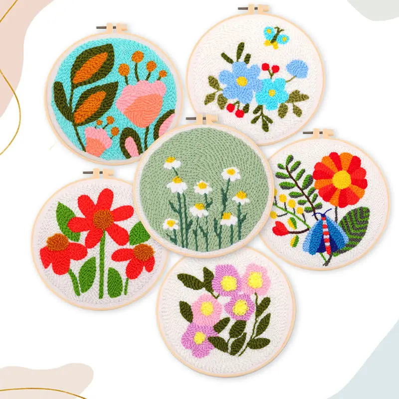 Christmas Punch Needle Kit Starter with Threader Fabric Embroidery Hoop Yarn Rug Punch Needle Adults Kids Embroidery Craft