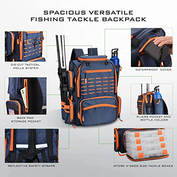 Bait Boss Fishing Tackle Backpack Fishing Backpack With Rod Holder Fishing Tackle Bag With Rain Cover