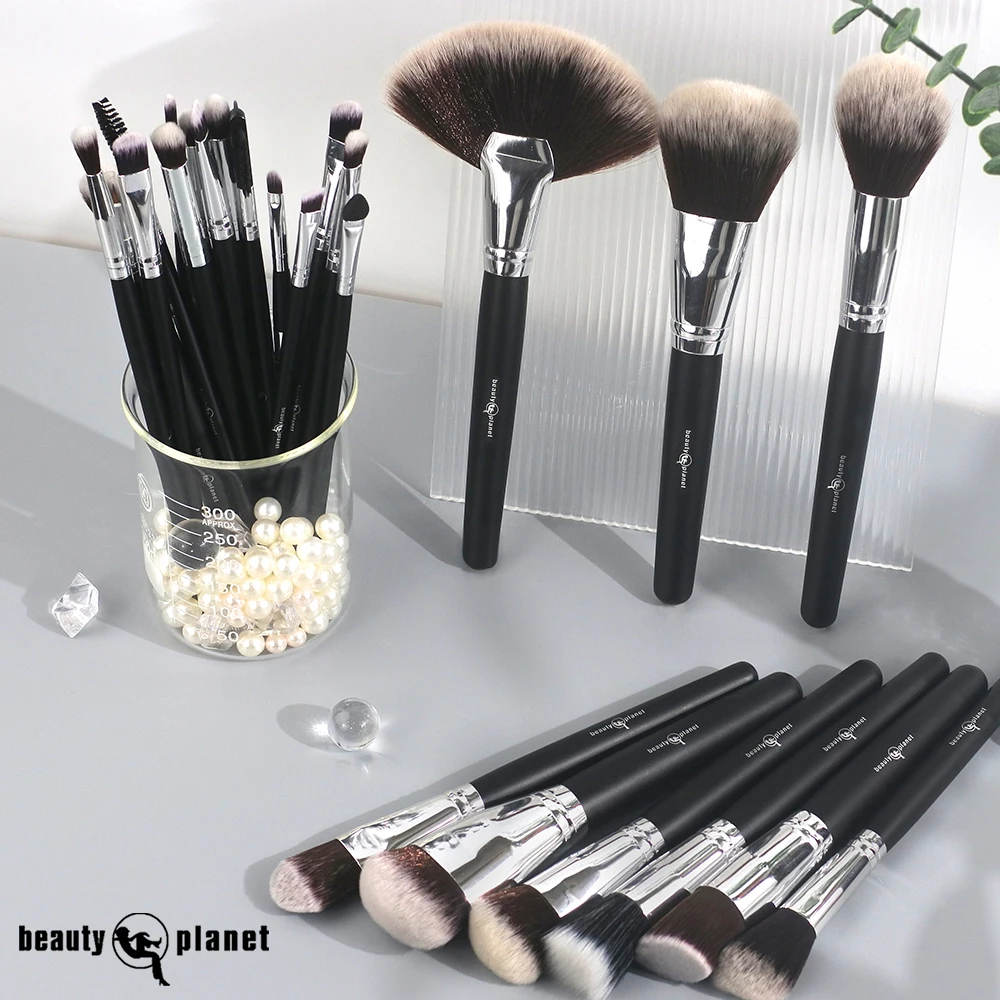 Beauty Planet 25pcs High Quality Vegan Synthetic Hair Wood Handle Black Makeup Brushes Cosmetic Private Label Makeup Brush Set