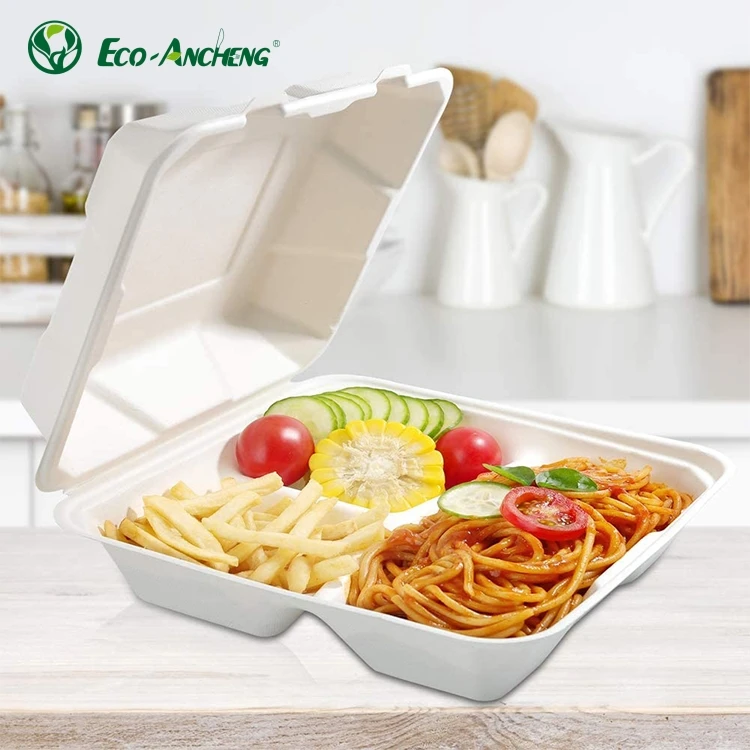 Green and Eco-friendly Compostable Sugarcane Bagasse Clamshell Box Takeaway Disposable Sugarcane Bagasse Food Container