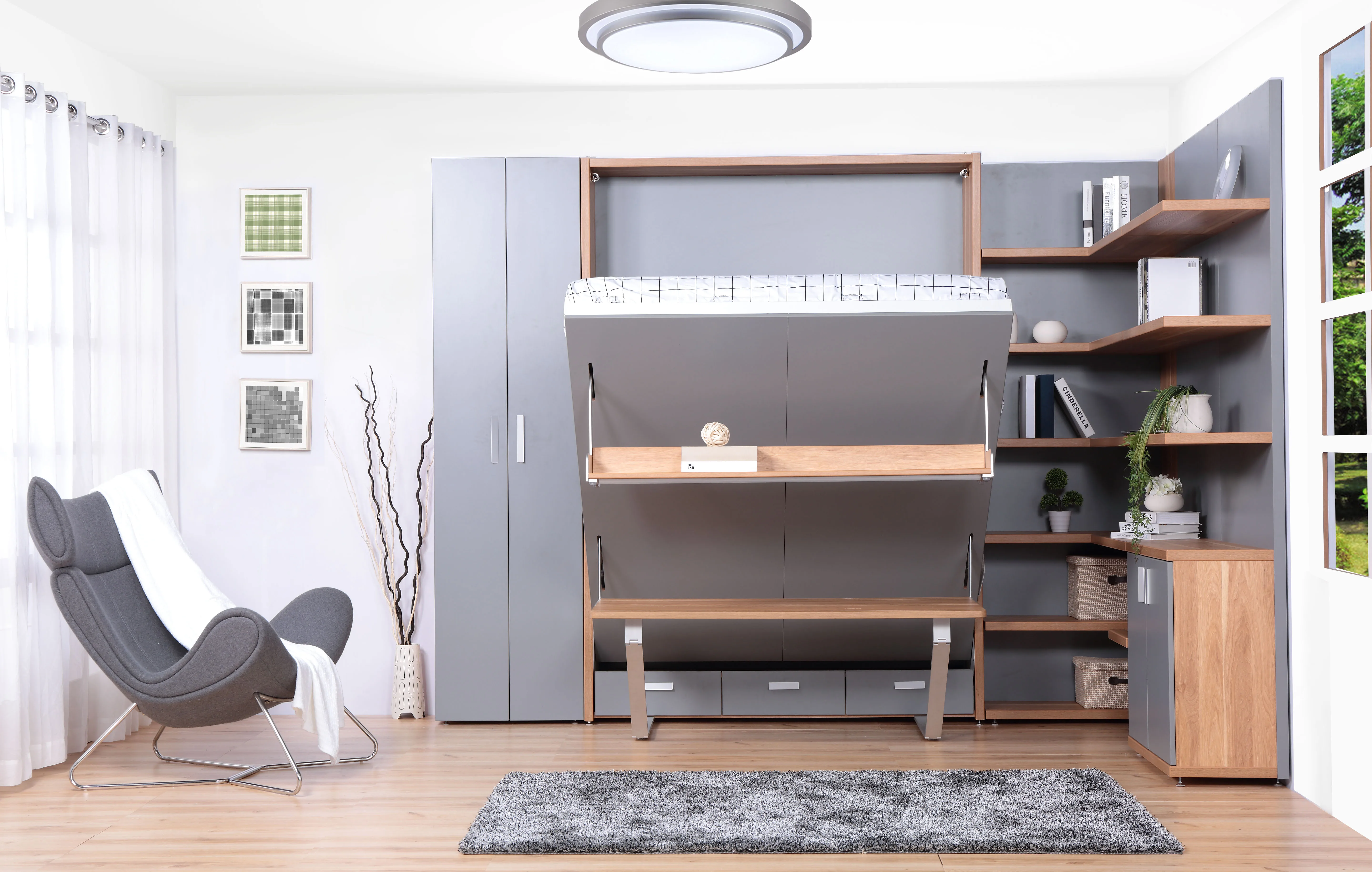 Vertical Wall Beds EN1129-1 Smart Furniture Folding Desk Wall Bed With Bookshelf And Desk For Hotel