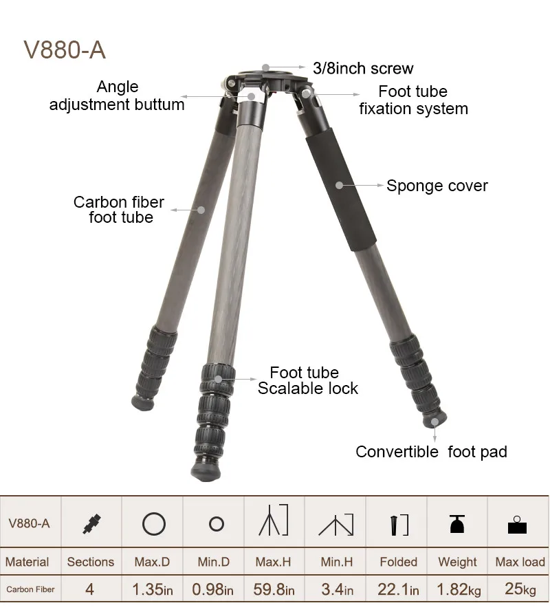 Large load bearing carbon fiber camera tripod hunting tripod stand