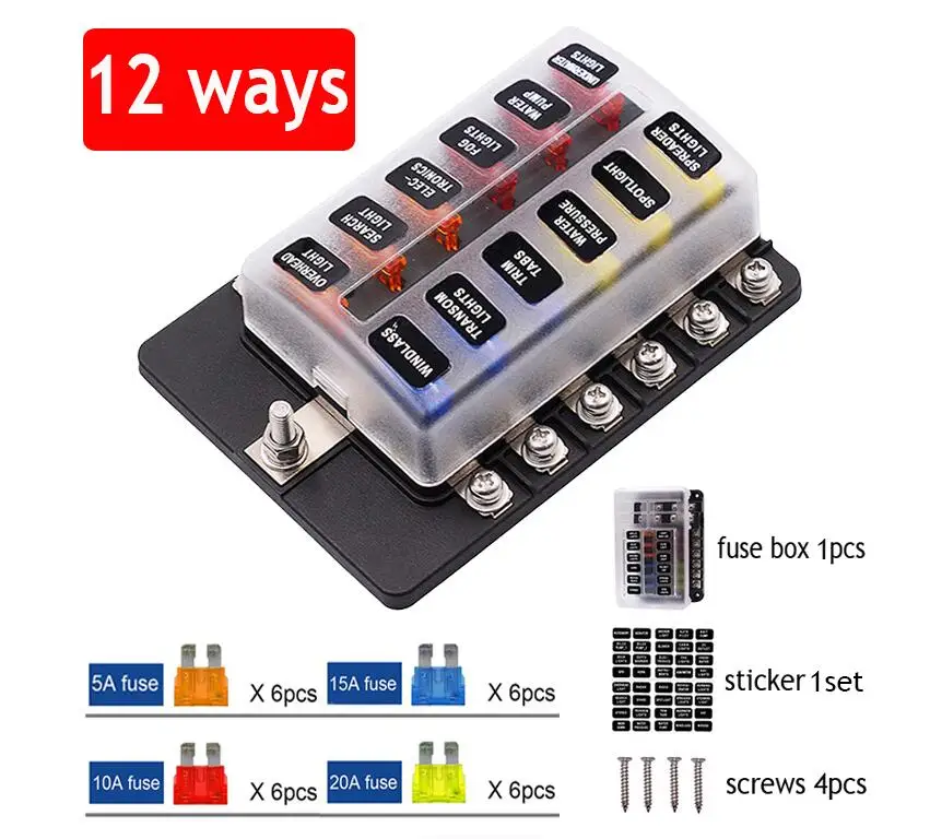12V 24V Blade Fuse Box Holder 12/6 Ways Modified Fuse Box Terminal Block with LED Warning Light for Car Boat Marine Trike