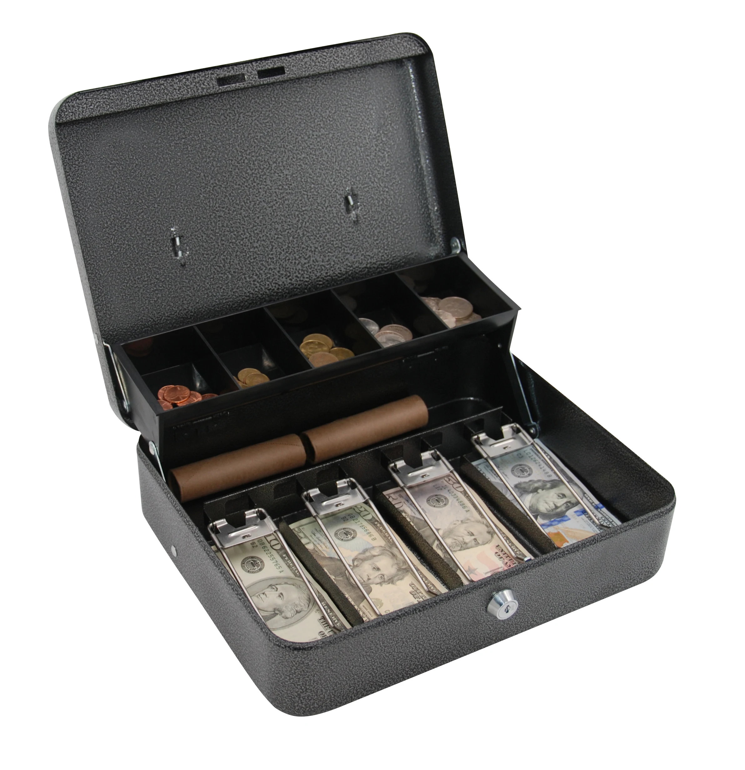 Двухслойный кассовый ящик стальной черный с лотком для денег алюминиевый