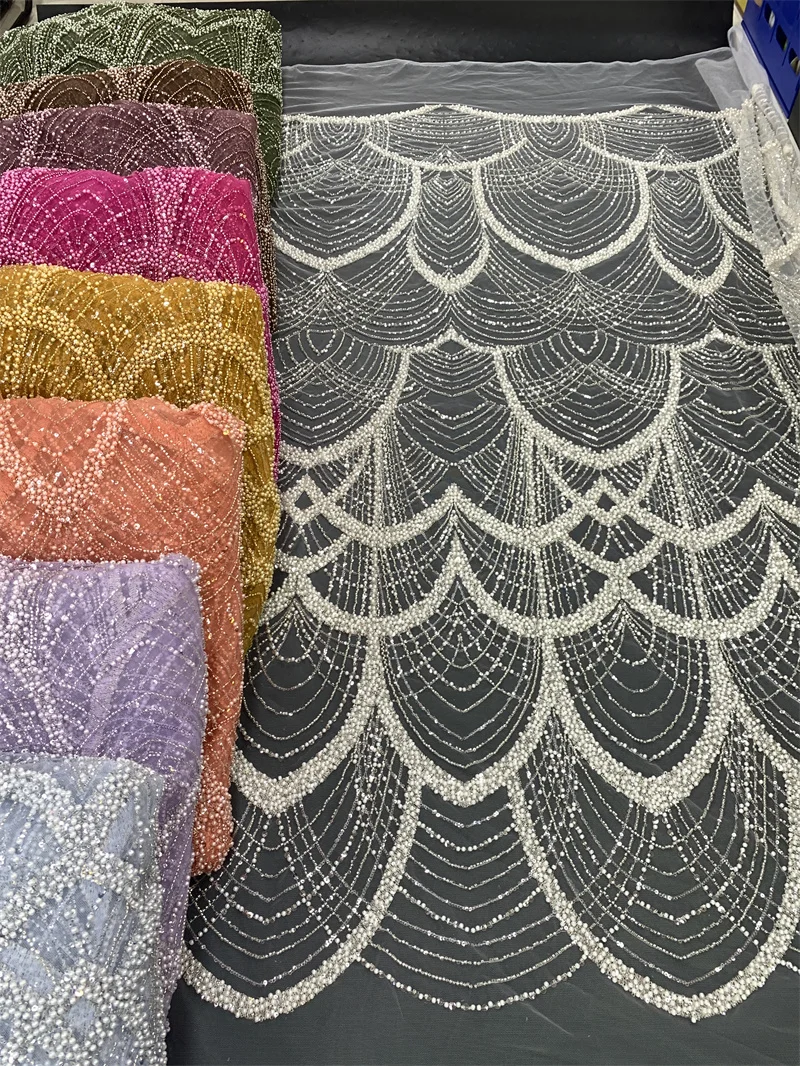 Bridal lace fabric beaded luxury wedding lace fabric high quality lace fabric with beads and pearl