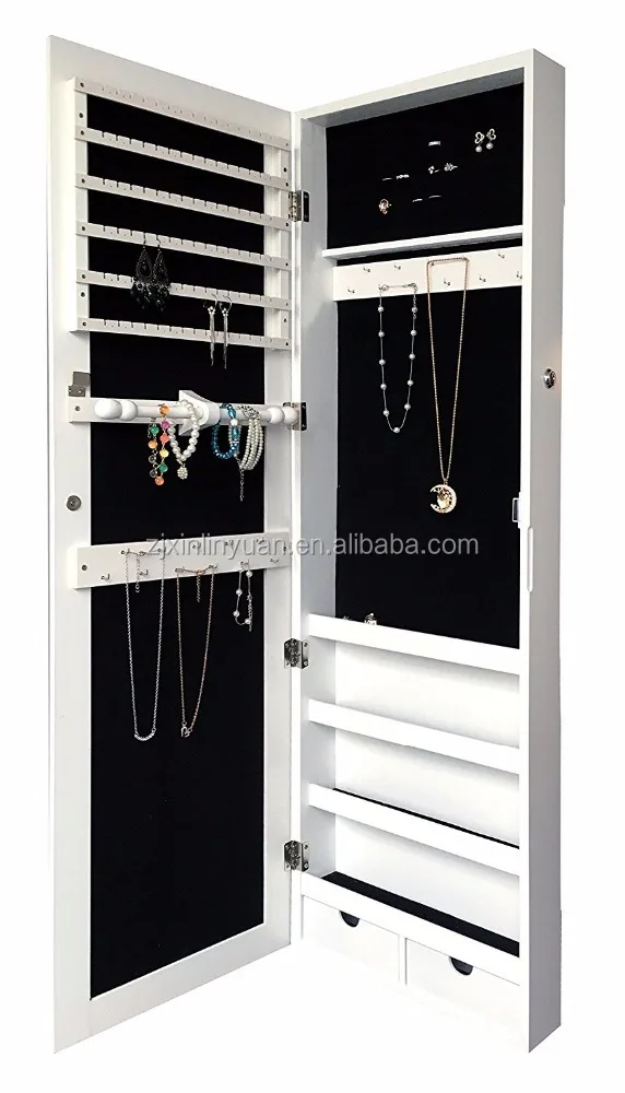 Lockable MDF wood full length hanging jewelry box organizer with mirror