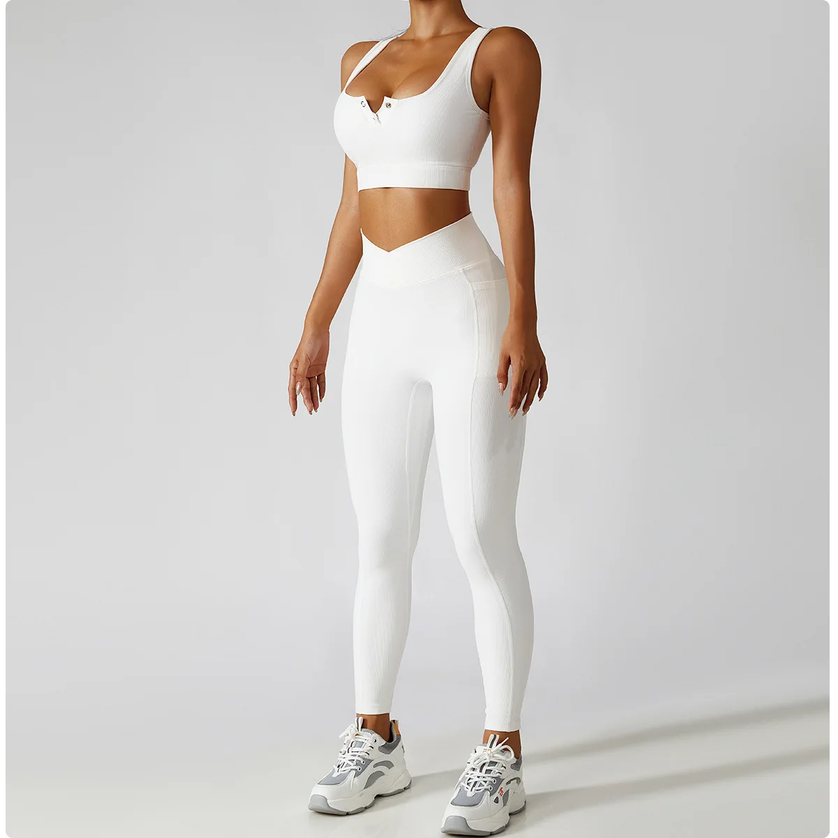 Wholesale Women Work Out Sport bras top And pocket crossover waist leggings Gym Fitness ribbed yoga Sets