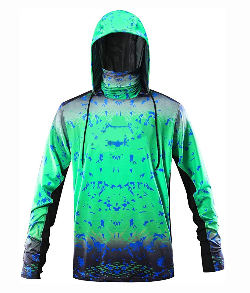  Wholesale custom camo blue design high performance sun protection hooded fishing jersey shirt