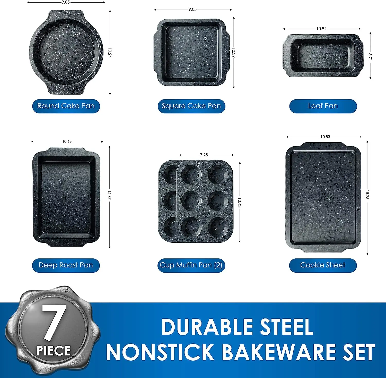 Nonstick Baking Pans Set - 7 PCS Bakeware Sets Marble coating Baking Sheets For Oven Baking Set w/widened handle