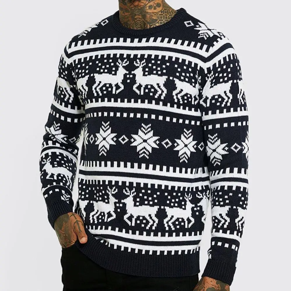 OUTENG Men Ugly Christmas Cartoon Pattern Contrast Color Pullover Custom Ugly Christmas Sweater Jumpers Jumper For Men