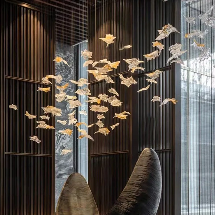 Custom lighting modern fashion art glass maple leaf type decorative large chandelier for high ceiling of hotel club banquet hall