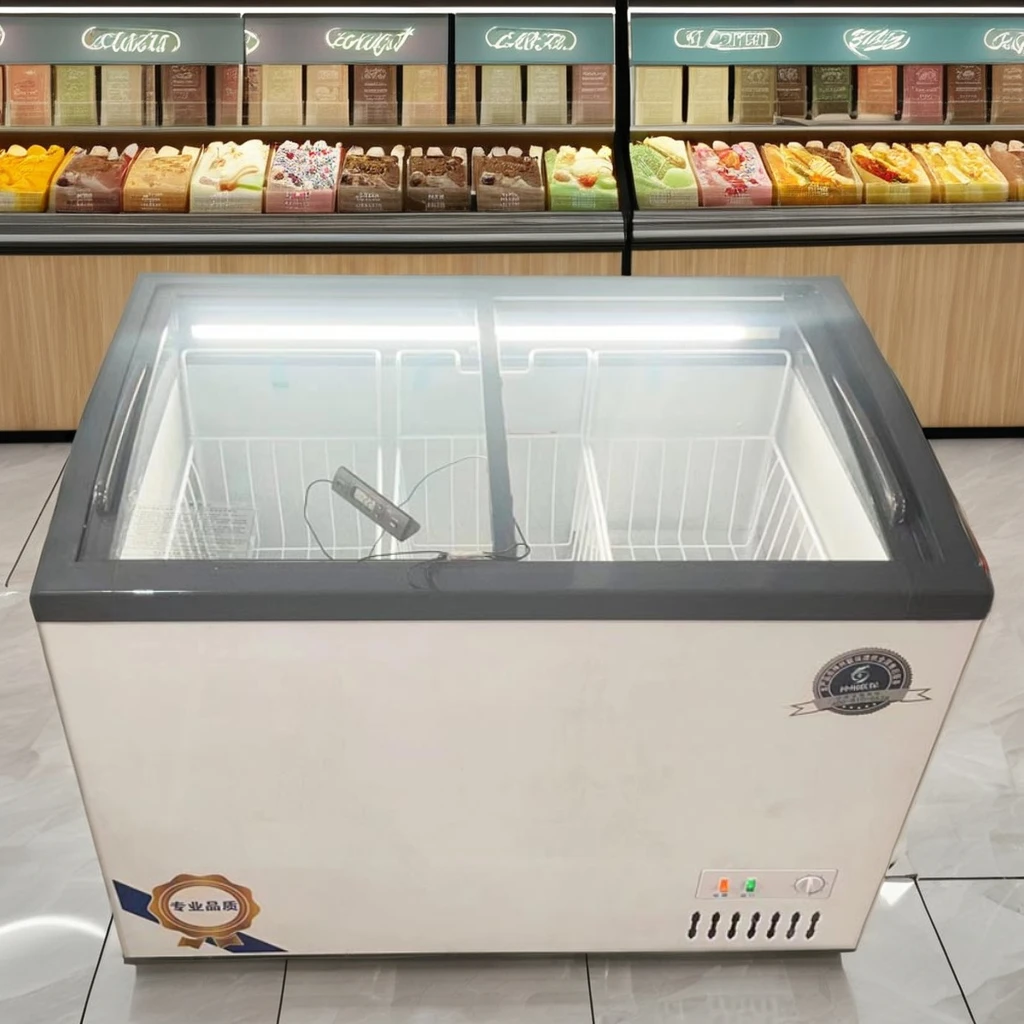 Commercial 200L Top Sliding Glass Display Freezer Ice Cream Chest Freezer with Compressor Cooling Wholesale Electric Source