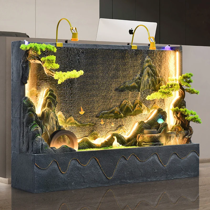 Rockery, flowing fountain, living room, courtyard, floor to ceiling water curtain wall, company sign, store opening, gift giving